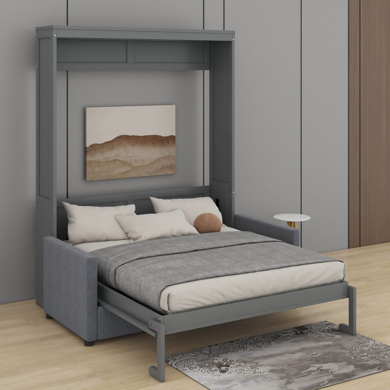 Lit escamotable double pleine grandeur avec coussin, Gris