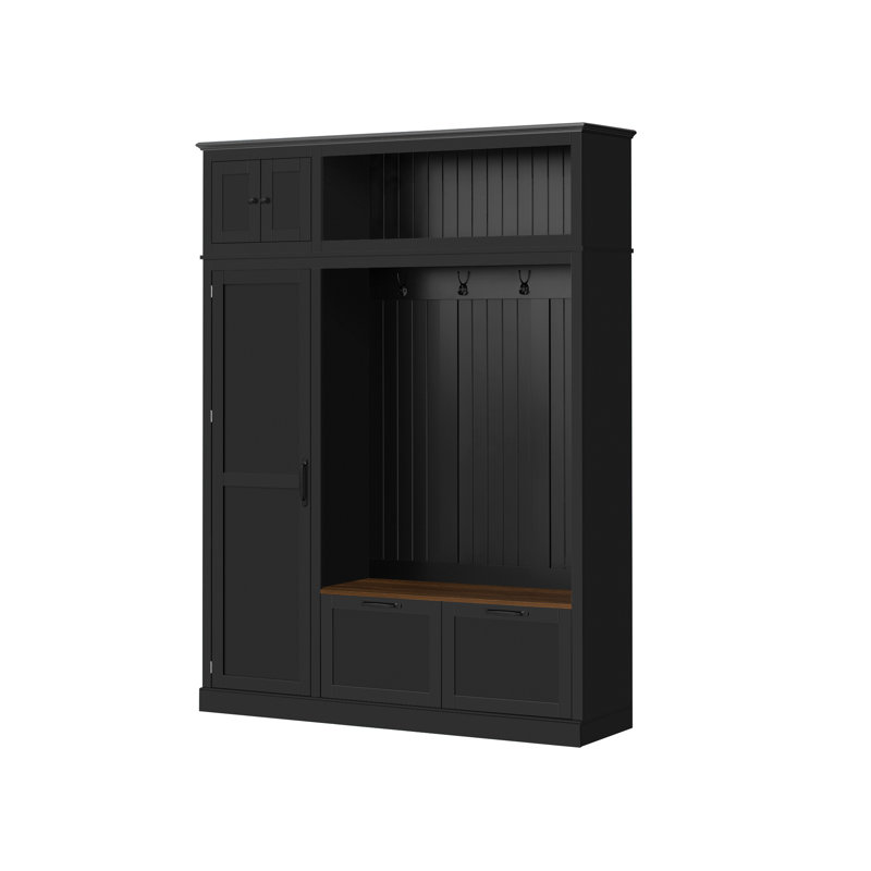 3-in-1 Hall Tree with Overhead Storage Cabinet, Side Shelves, Heavy-Duty Hooks, Spacious Drawers, Contrasting Seat Bench, Multifunctional Entryway Organizer