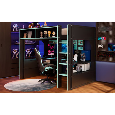 Lit mezzanine double avec bureau intégré et lumières, structure de lit en bois moderne avec bureau et station de charge intégrée, noir et rouge