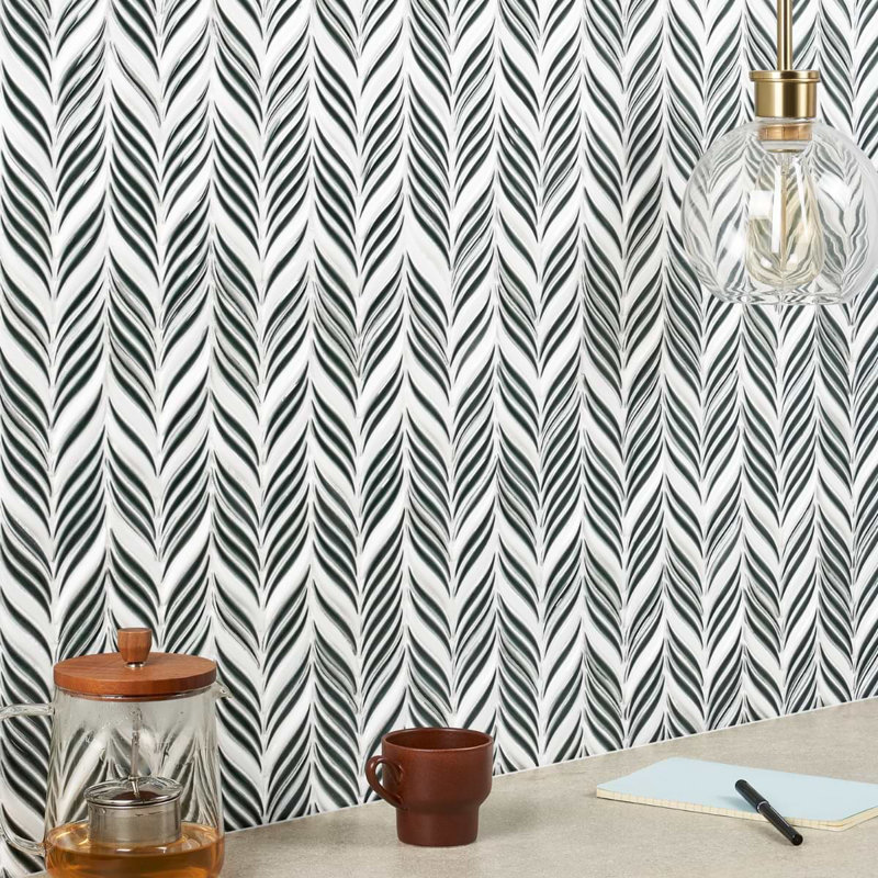 Nabi Alula 10x12 Chevron Crackled Glossy Glass Mosaic Tile, Deep Emerald Green