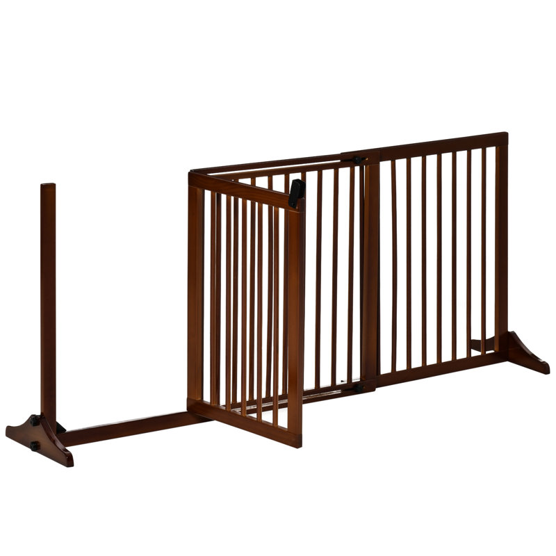 Free Standing Pet Gate With Door, Dark Wood