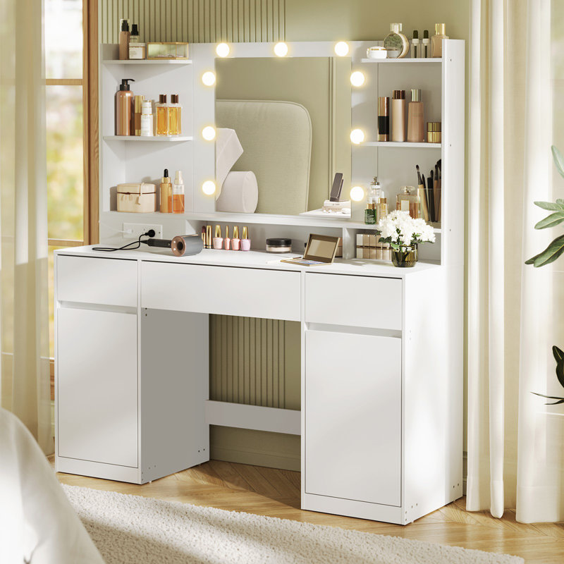Vanity Desk With Mirror And 9 LED Bulbs, Vanity Makeup Table With Power Outlets, Dressing Table With 2 Cabinets, For Bedroom