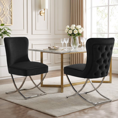 Tufted Velvet Upholstered Dining Chair with Silver Metal X-Legs