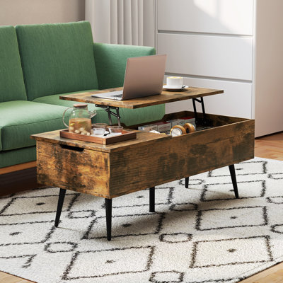 Table basse à plateau relevable avec plateau divisé et 2 compartiments cachés avec pieds fuselés en métal