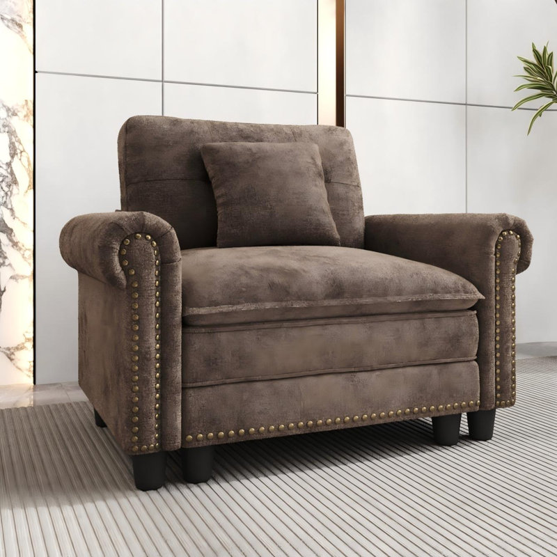 Deep Seat Accent Chair With Nailhead Trim and Throw Pillow, Taupe Chenille