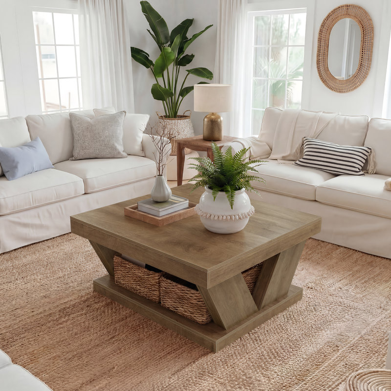 39.4" Square Coffee Table, 2-Tier Center Table for Living Room