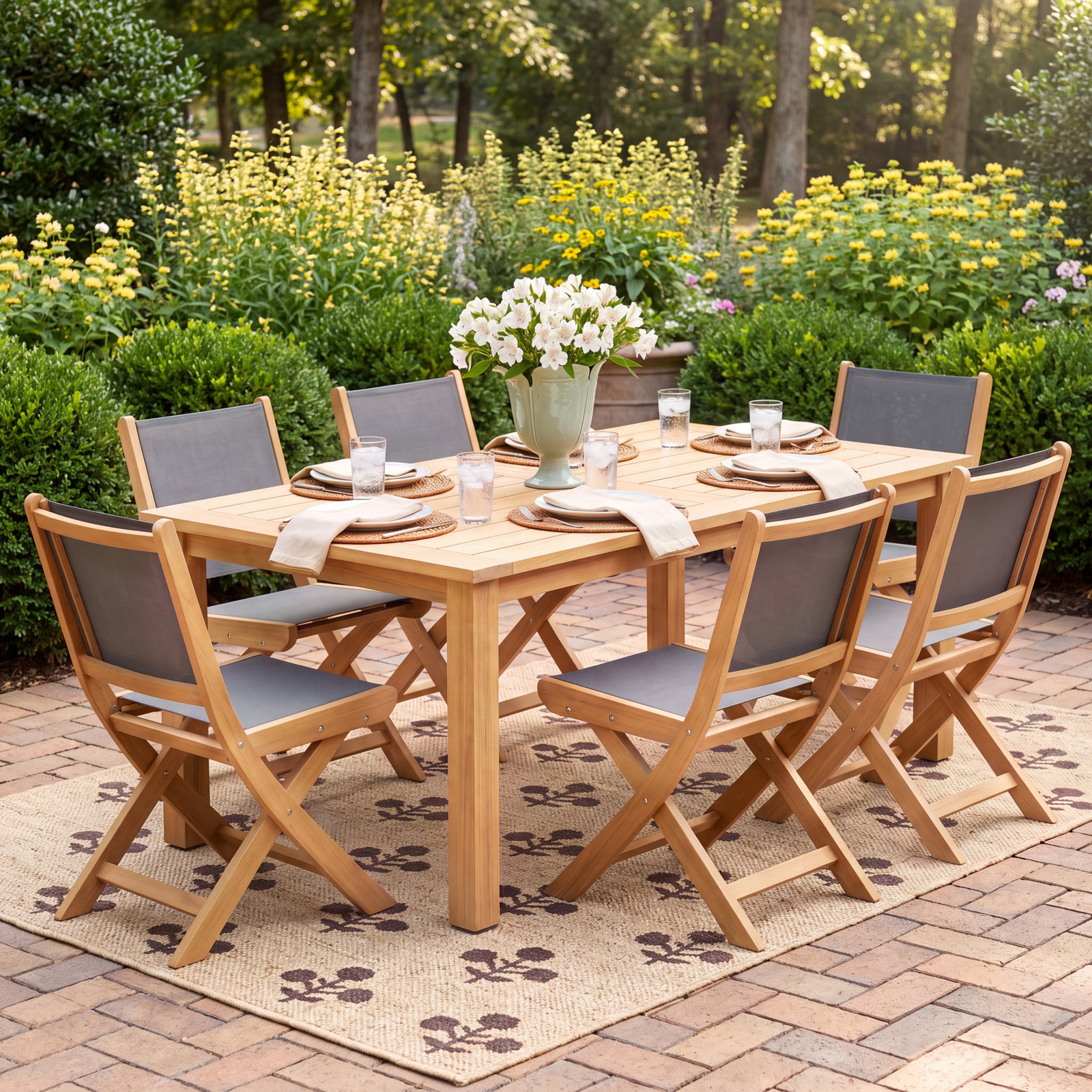 Alanson 79" Eucalyptus Patio Dining Set, Dark Gray