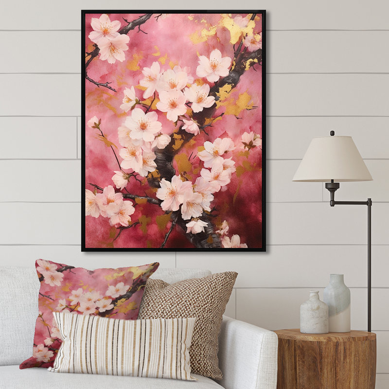 «Cherry Blossoms», collage rose foncé sur toile, Cadre flottant noir, 20" H x 12" W