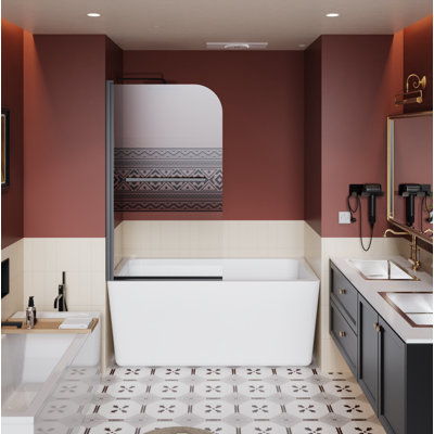 Porte de douche H 32 po x l 55 po, porte de douche en verre trempé de 1/4 po d'épaisseur avec poignée en acier inoxydable, noir