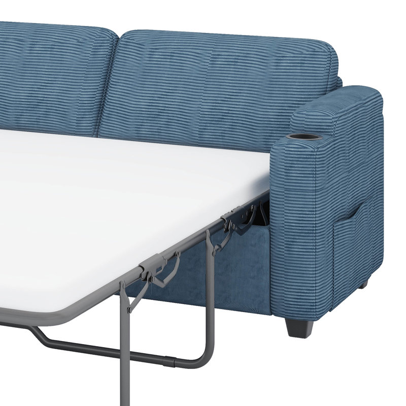 Canapé-lit escamotable avec matelas à mémoire de forme et deux ports USB, Marine