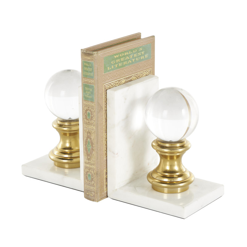 Cole And Grey Marble Bookends With Glass Orbs And Gold Accents