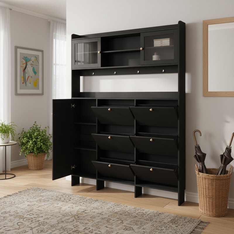 Grande armoire multifonctionnelle noire pour vestibule, armoire à chaussures tendance (6 tiroirs rabattables + tablette de rangement) + portemanteau avec portes en verre trempé, incluant 4 crochets