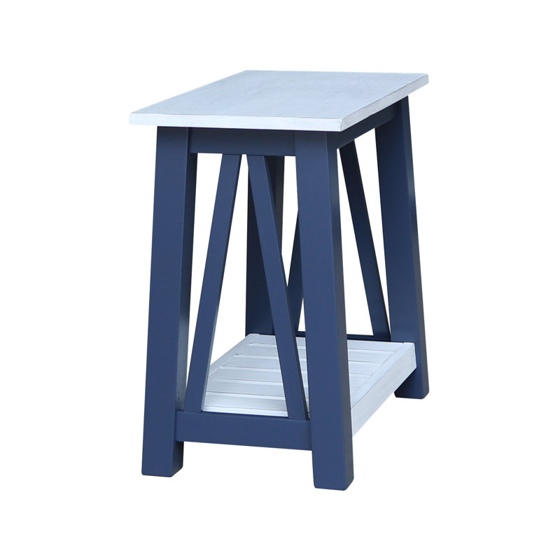Solid Wood End Table, Antiqued Chalk Top/Blue Base