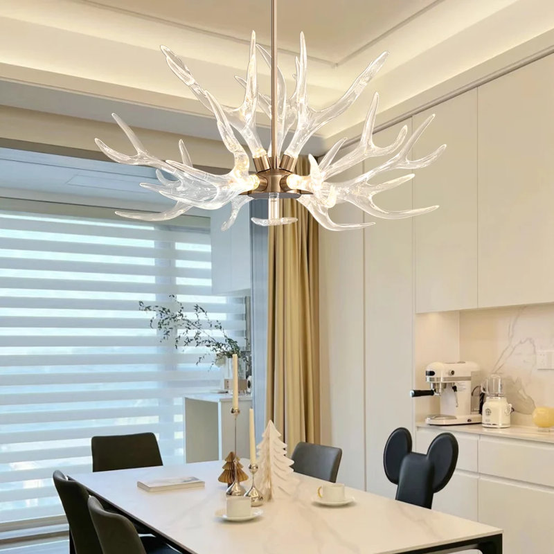Lustre de plafond à 9 lumières en bois de cerf de couleur dorée au design unique et moderne en métal durable avec abat-jour en acrylique transparent Éclairage à DEL intégré multidirectionnel câblé pour le salon, la salle à manger et la salle à manger