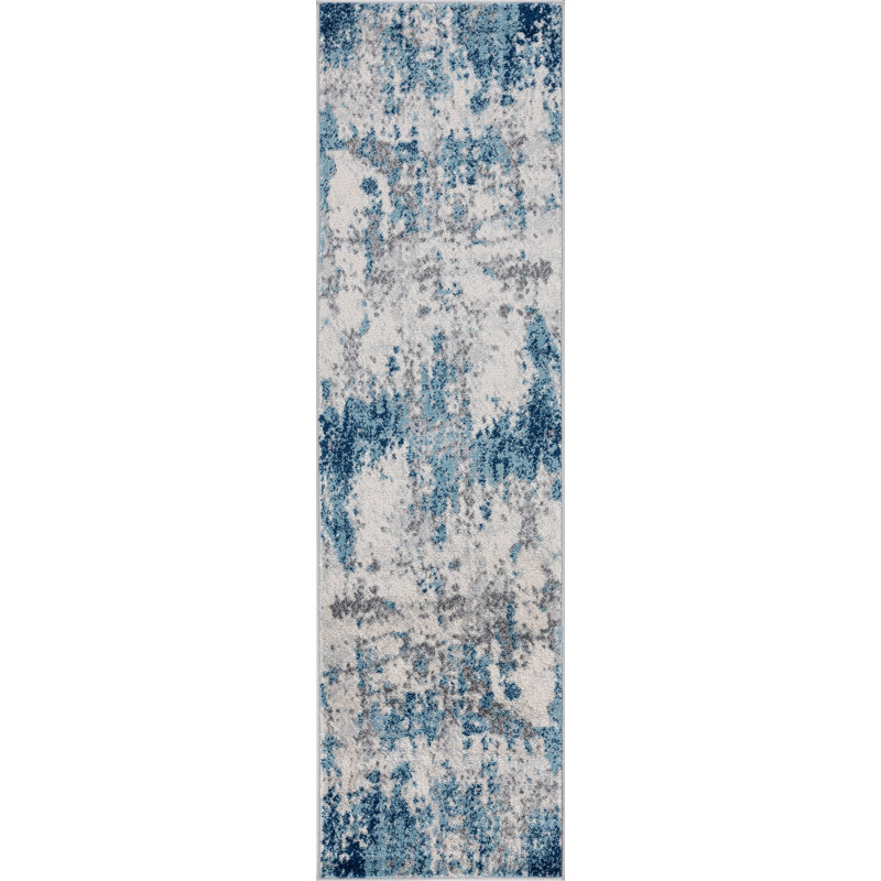 Longino Abstract Blue/Cream Indoor Area Rug for Living Room, Dining Room, Bedroom, Runner 2'3" x 7'3"