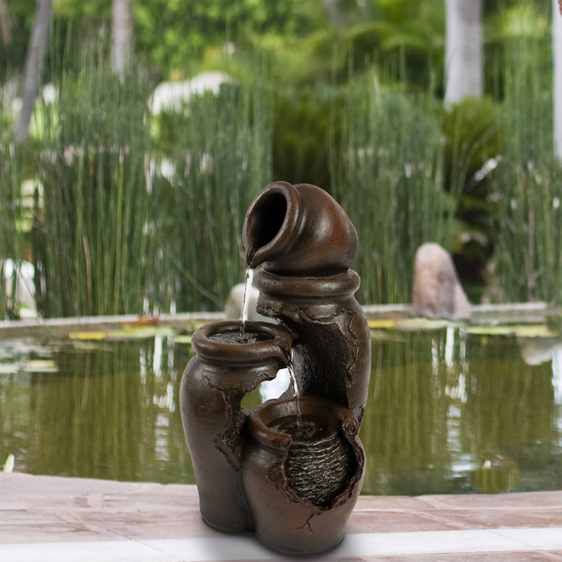 3-Tier Fountain Modern Decorative Polyresin Clay Pot Electric Outdoor Hand Painted Cascading Water Feature