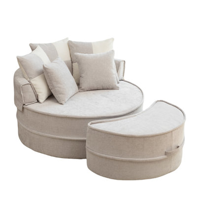 47.6" Chenille Oversized Round Bucket Chair With 5 Pillows By Ottoman