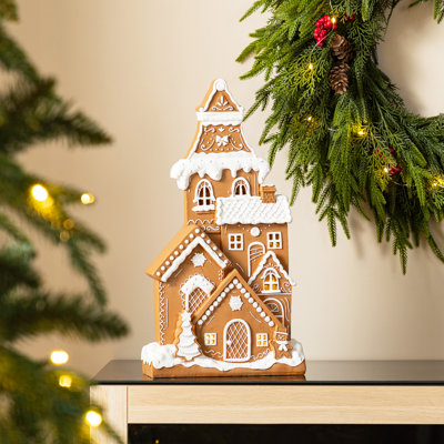 17.75"H Christmas Lighted Resin Gingerbread House Table Decor