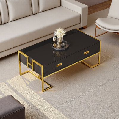 Modern Rectangular Coffee Table With 4 Drawers And Gold Base In 47.3"