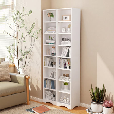 Bookcaseset Of 2 , 2 Pack Narrow Tall Bookshelf, 8-Tier Slim Media Storage Tower, Space-Saving Column Bookcase For CD/DVD, Movies, Video Games, Modern Floor Standing Display Shelf For Living Room, Bedroom, Office
