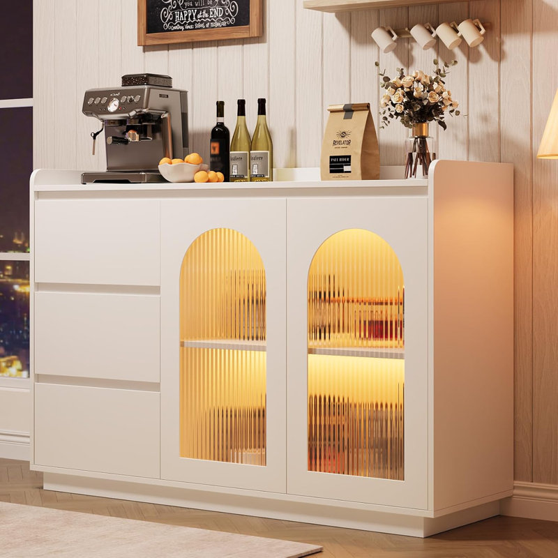 48"Sideboard Buffet Cabinet with Glass Doors,Modern Buffet Table with 3 Drawers, Coffee Bar Storage Cabinet,White