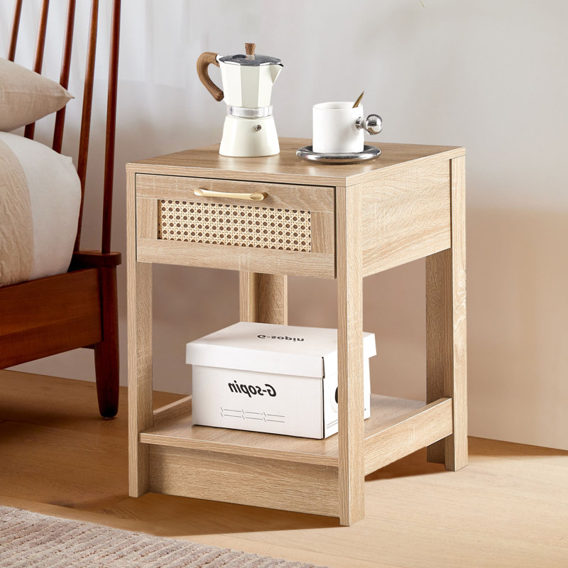 Alpern 15.75" Wide Rattan Drawer Natural End Table, WIth Open Storage Space With Mid-level Cut-outs And Solid Wood legs Side Table