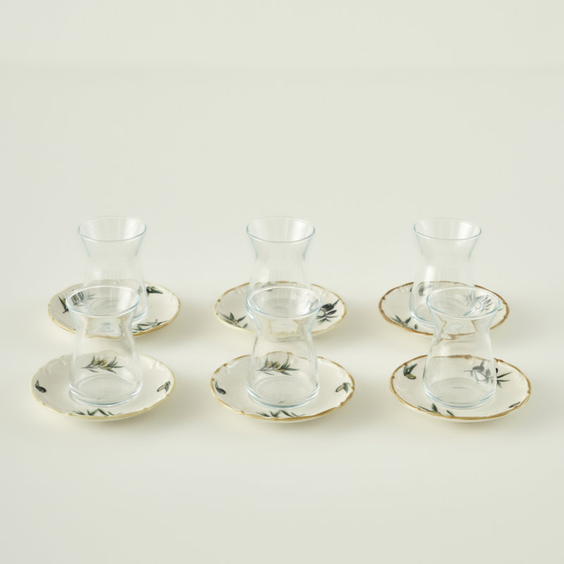 Olive Tea Glass Set With Saucers (6-Piece)