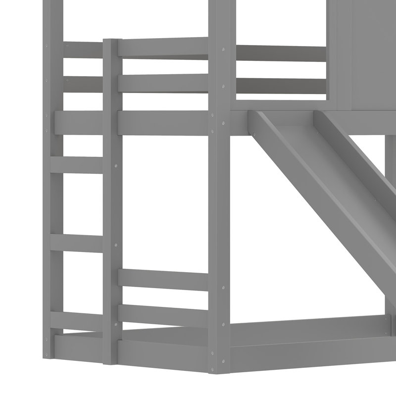 Lit simple superposé avec glissade, couleur grise, bois massif et fenêtre, rangement pour vêtements, Gris