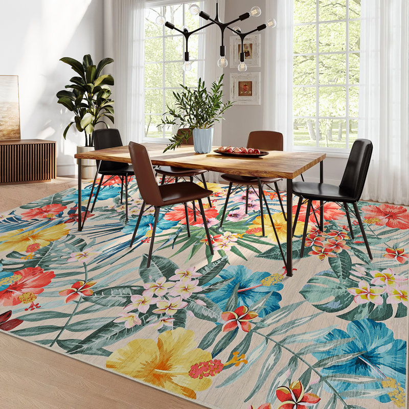 Tapis de salon : Tapis bohème lavable à motif floral pour salon, Beige, Rectangle 10 pi x 13 pi