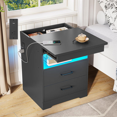 Nightstand With Charging Station And Led Light, Modern Bedside Table With Lockable Sliding Tabletop, Storage Drawers And Open Shelves, Side Table For Bedroom And Home Office, Black