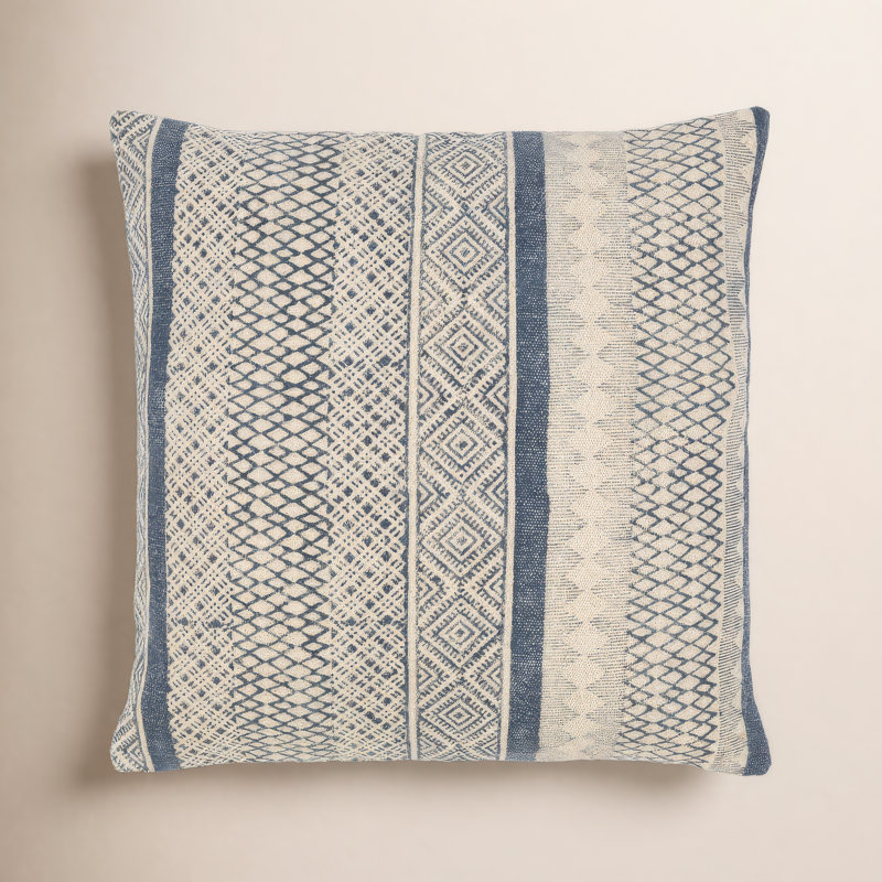 Oreiller carré 100% coton Zetta, 18 po x 18 po, Polyester/ Bourre en polyester, Beige clair / bleu foncé