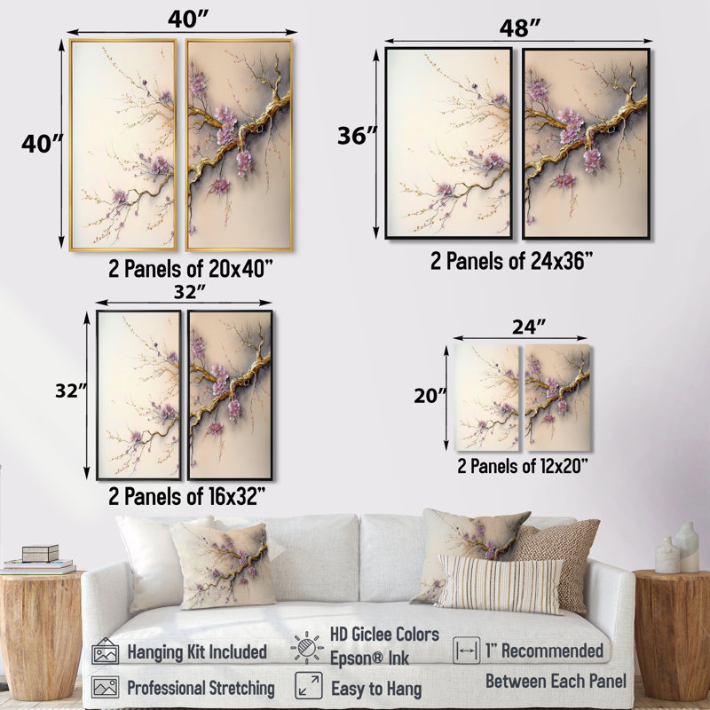 Décoration murale rose et prune cerisier en fleurs V - beige, 2 pièces, H 32 po x l 32 po, Impression encadrée flottante