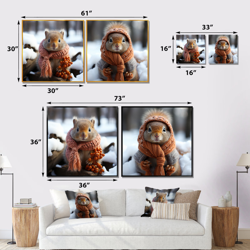 «Dressed Squirrel In Morning Snow I», ensemble de 2 reproductions d'art sur toile écureuil, Toile tendue