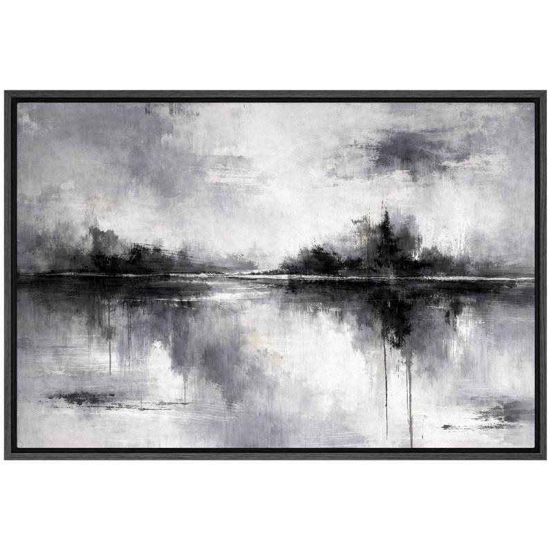 Abstrait noir gris Misty Reflection, œuvre d'art de chambre contemporaine, impression sur toile encadrée, Cadre noir