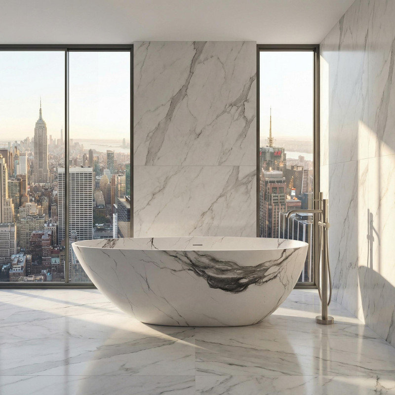 CASAINC 59"x 30.65" Freestanding Solid Surface Soaking Bathtub,Egg-Shaped with Marble Look, Carrara Marble