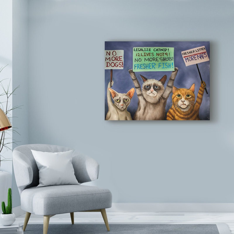 « chats on strike », reproduction de peinture à l’acrylique sur toile tendue, H 35 po x l 47 po x P 2 po