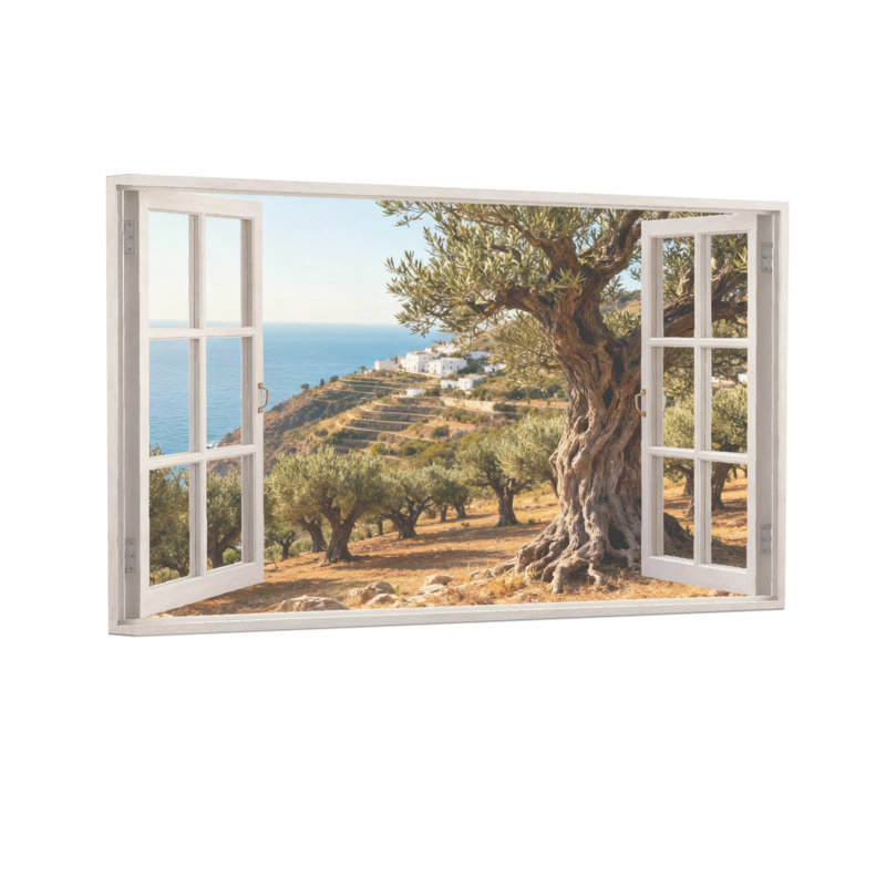 Paysage et nature, fenêtre ouverte, vue sur la mer, paysage d'olivier, H 12 po x l 18 po