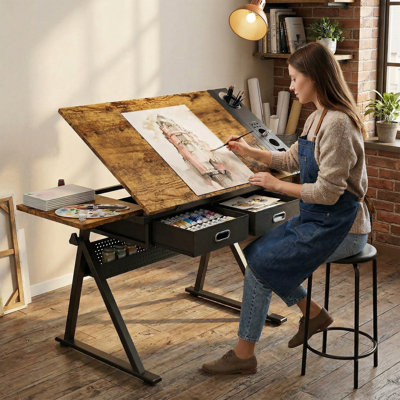 Height Adjustable Drafting Table, Tilted Tabletop Art Table for Adults, Adjustable Drawing Drafting Tables Desk with 2 Drawers and Stool for Home Office School, Rustic Brown
﻿