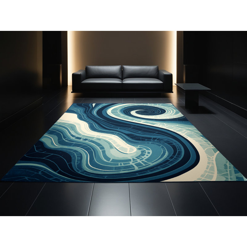 Machine Washable Orys Coastal Abstract Rug in Blue – Navy Binding, 2 x 4