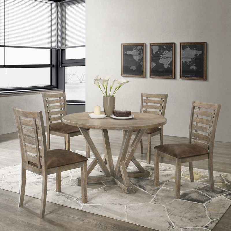[Ensemble de table de salle à manger ronde 5 pièces] Style campagnard en bois massif avec chaises rembourrées, finition vieillie rustique
