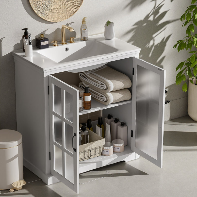 Meuble-lavabo moderne de 30 po avec lavabo en céramique, meuble-lavabo avec verre trempé et poignées mates, équipé d'un grand espace de rangement et d'un cadre en bois d'hévéa