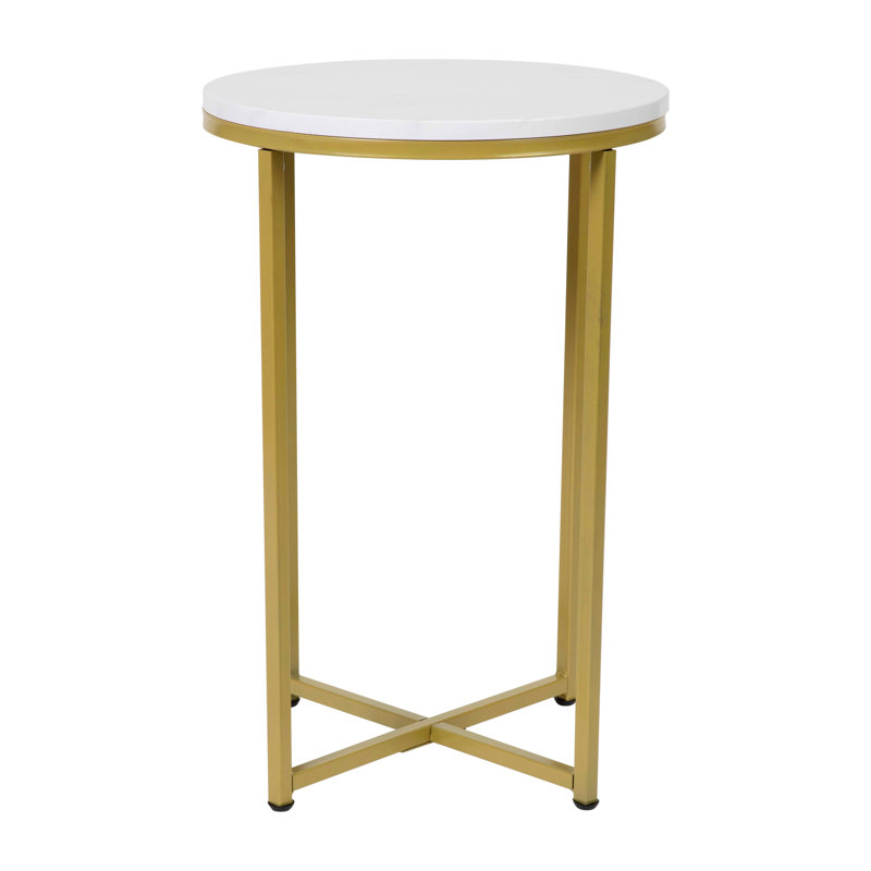 Hampstead Collection End Table - Modern Laminate Accent Table with Crisscross Frame, White Marble, Brushed Gold