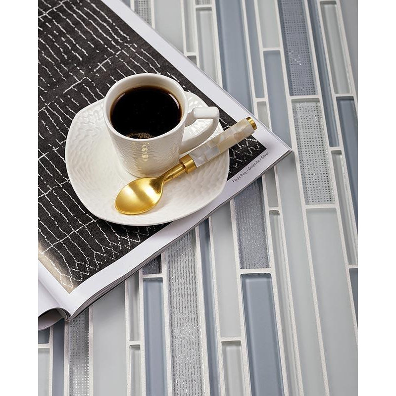 11.8" x 12.2" Glass Mosaic Tile, White/Blue/Silver