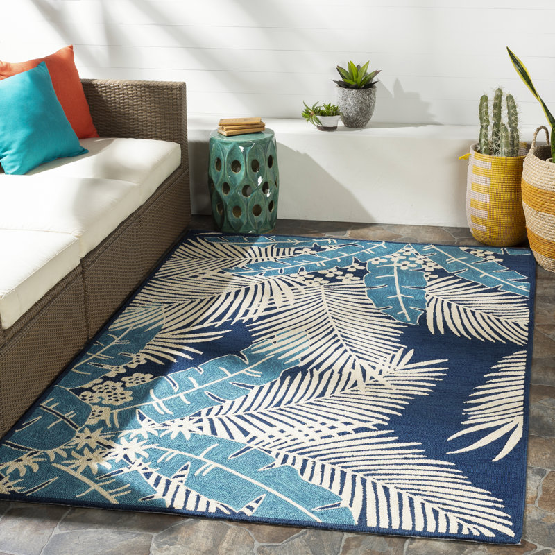 Tapis intérieur / extérieur bleu marine / bleu / crème crocheté à la main Vandorn, Rectangle de 9 pi x 12 pi