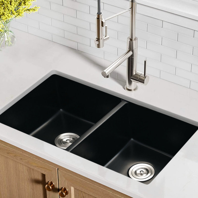 32" X 18" Double Bowl Undermount Kitchen Sink In Black Quartz - Heatproof, Stain , Scratch Rust Basket Strainer For Liquid Drain X Heat Instant And Seamless Drainage