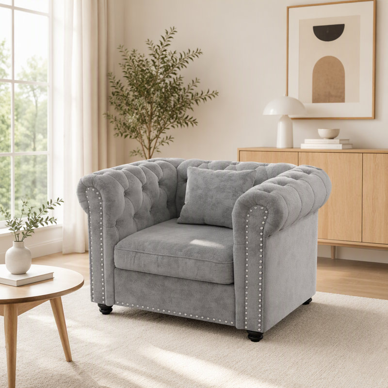 Canapé modulaire capitonné 38,5 po avec accoudoirs roulés et garniture cloutée Chesterfield, gris clair