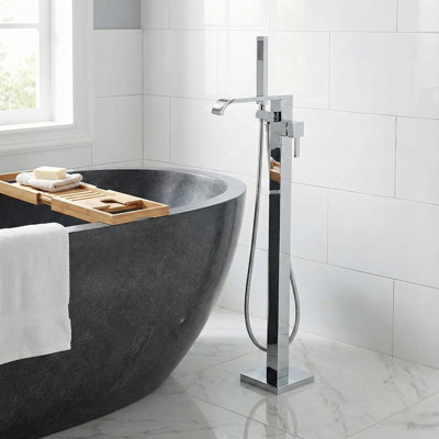 Cozyblock Floor Mount Bathtub Faucet Freestanding Tub Filler Standing High Flow Shower Faucets Mixer Tap, Swivel Waterfall Spout With Square Handheld | Modern Design Tub Filler Faucet (chrome)