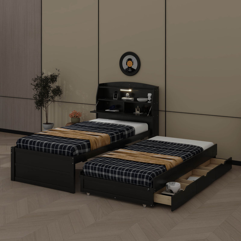 Lit plateforme en bois à DEL avec lit gigogne coulissant, tête de lit avec rangement et plusieurs tiroirs, Simple, Espresso