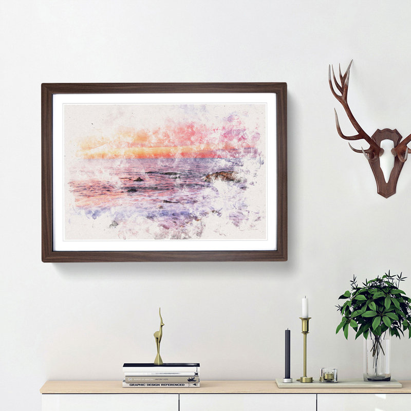Beach in Spain Watercolour - Picture Frame Graphic Art Print, Walnut Framed, 62cm H x 87cm W x 2cm D