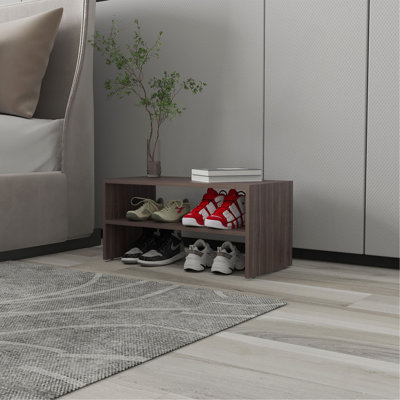 Range-chaussures Norris en mélamine avec 2 tablettes, noyer gris